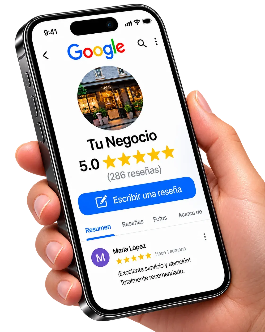 Teléfono con el enlace de reseñas de Google abierto