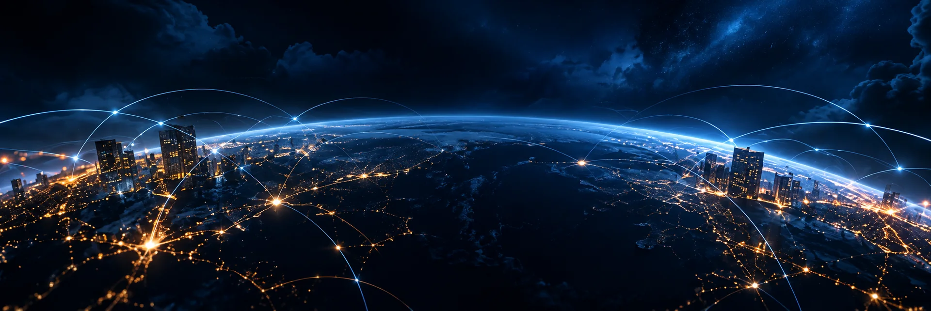 Planeta con conexiones luminosas azules y doradas
